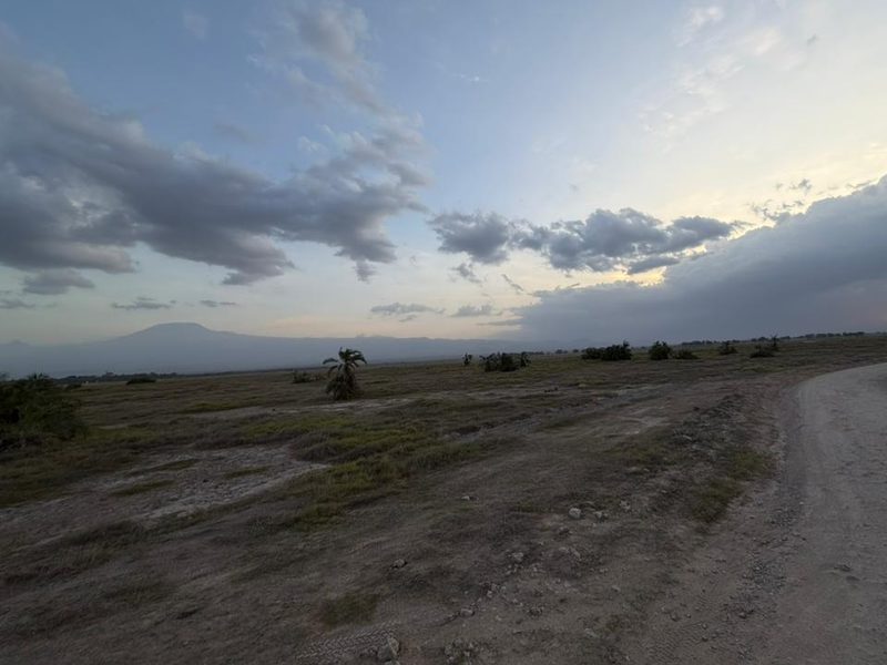 Dusk over the Amboseli plain, Kilimanjaro's bulk half-lost under cloud on the horizon, a dirt track curving away to a low sunset.